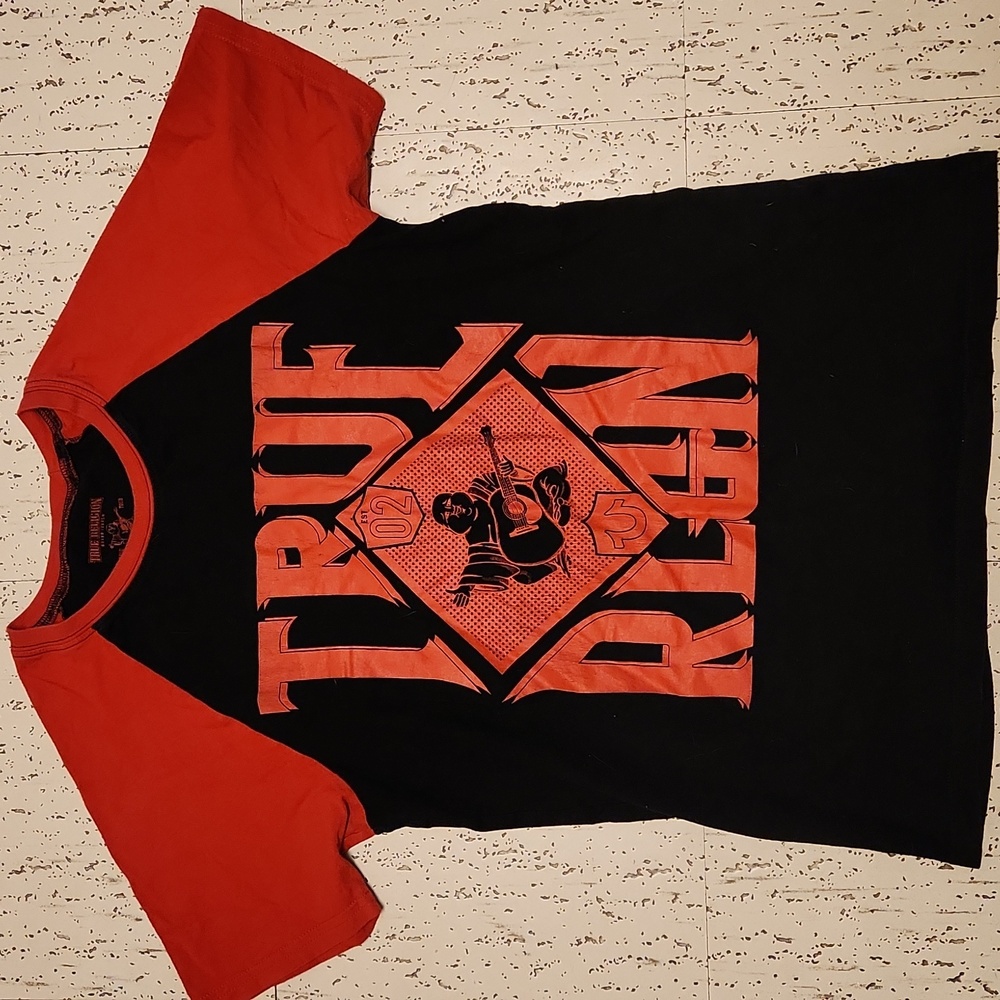 True Religion Big Logo Full Graphic Buddha Crewneck T-Shirt Red And Black
